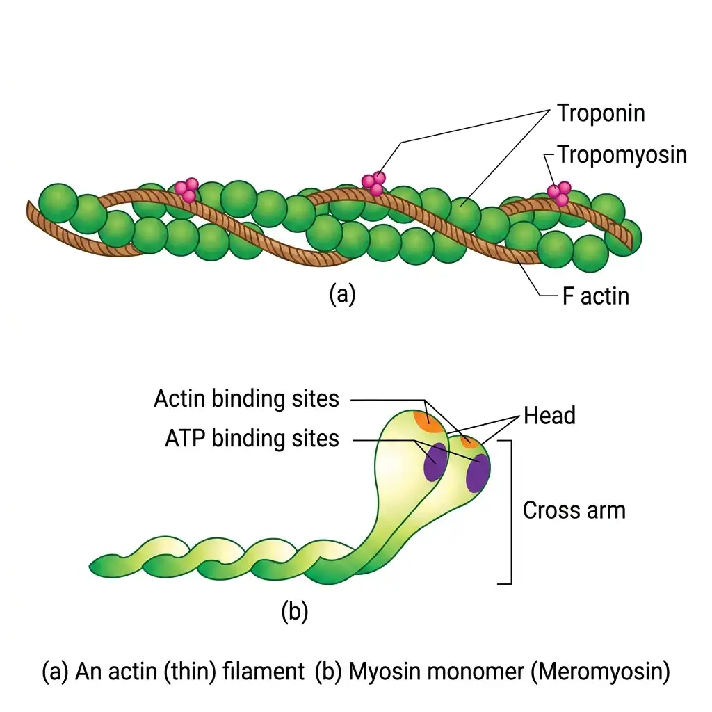 Molecular diagram of an actin thin filament with troponin/tropomyosin and a myosin monomer showing the head and cross arm.