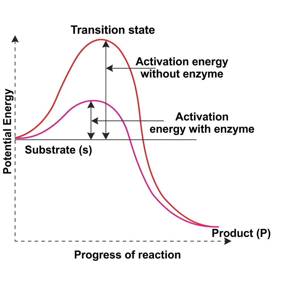 Biochemical potential energy graph illustrating the concepts of activation energy with and without enzyme catalysis.