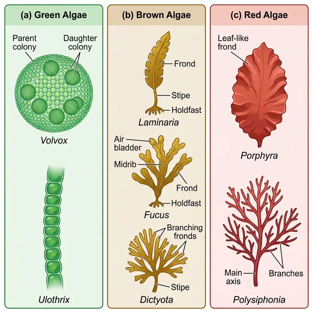 Diagram showing different algae classes: green algae Volvox/Ulothrix, brown algae Laminaria/Fucus/Dictyota, red algae Porphyra/Polysiphonia.