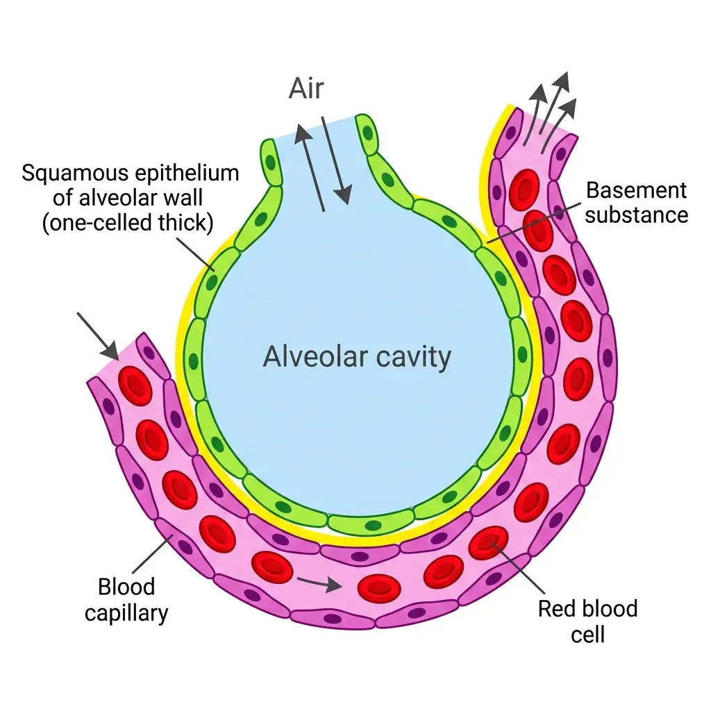 Microscopic cellular cross-section of an alveolus wall showing squamous epithelium, basement membrane, and blood capillary with RBCs.