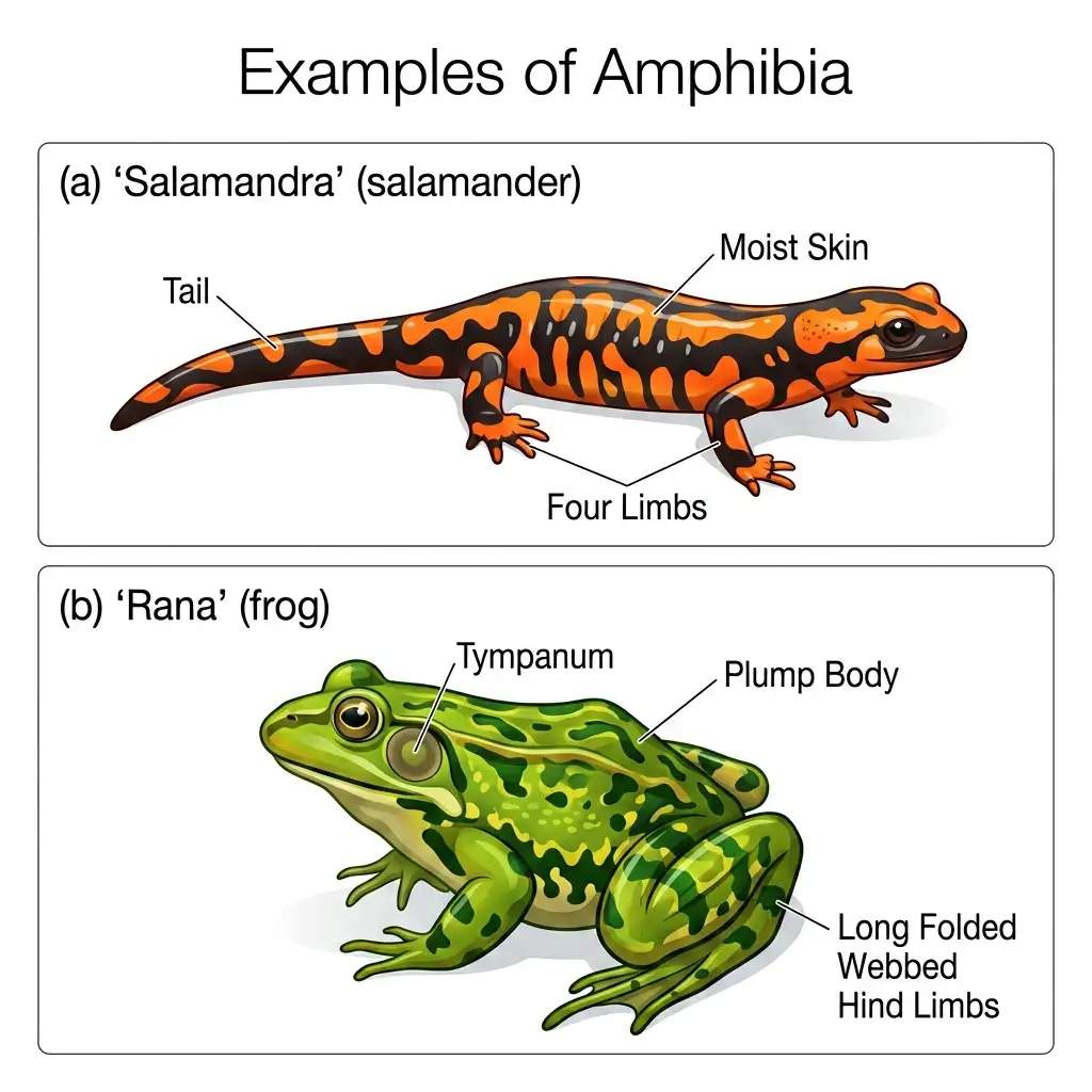 Detailed diagram of Class Amphibia comparing Salamandra salamander and Rana frog.