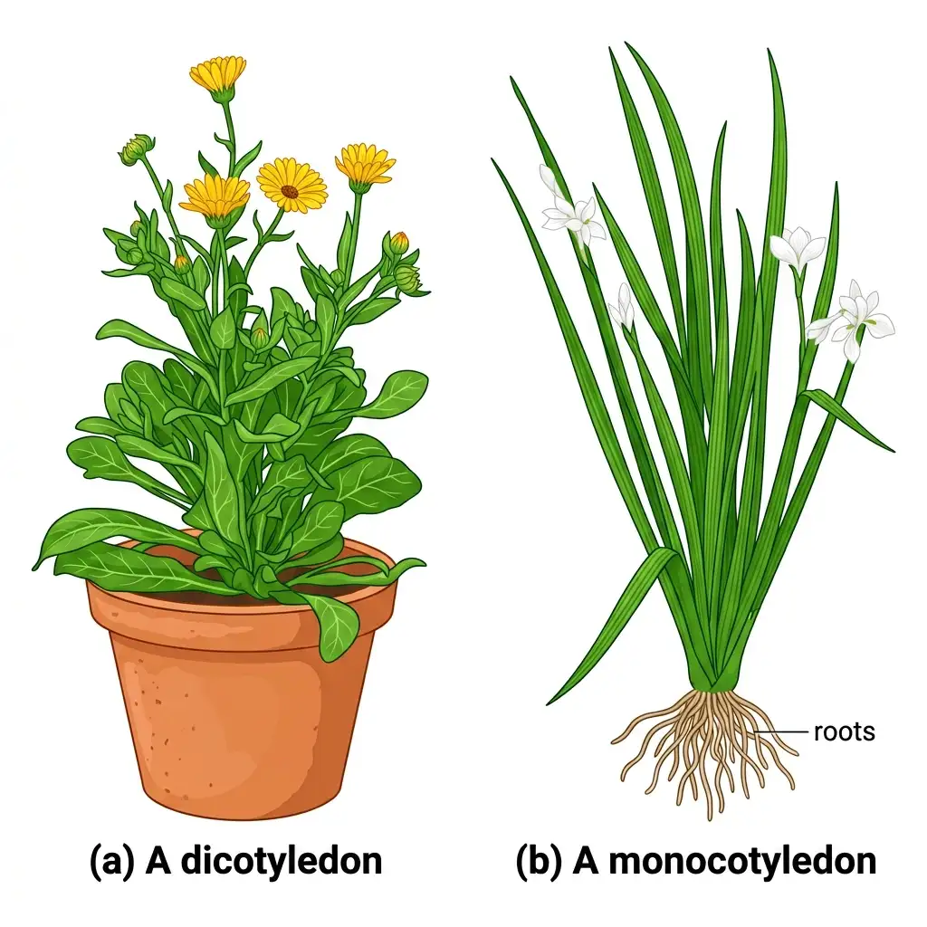 Detailed comparison showing a dicotyledonous Calendula plant and a monocotyledonous Iris plant.