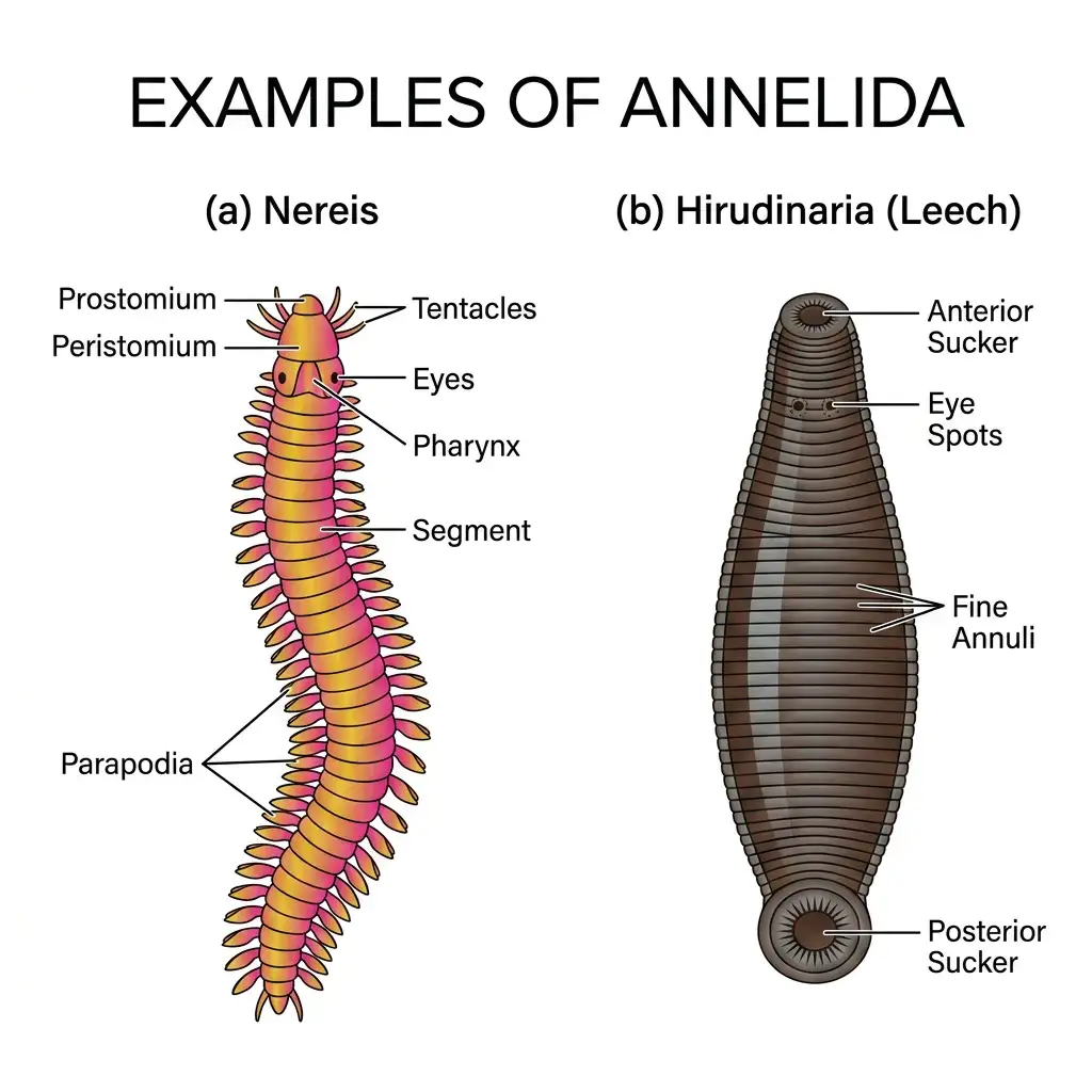 Vector diagram comparing segmented bodies of Annelida: (a) Nereis with parapodia, and (b) Hirudinaria leech with suckers.