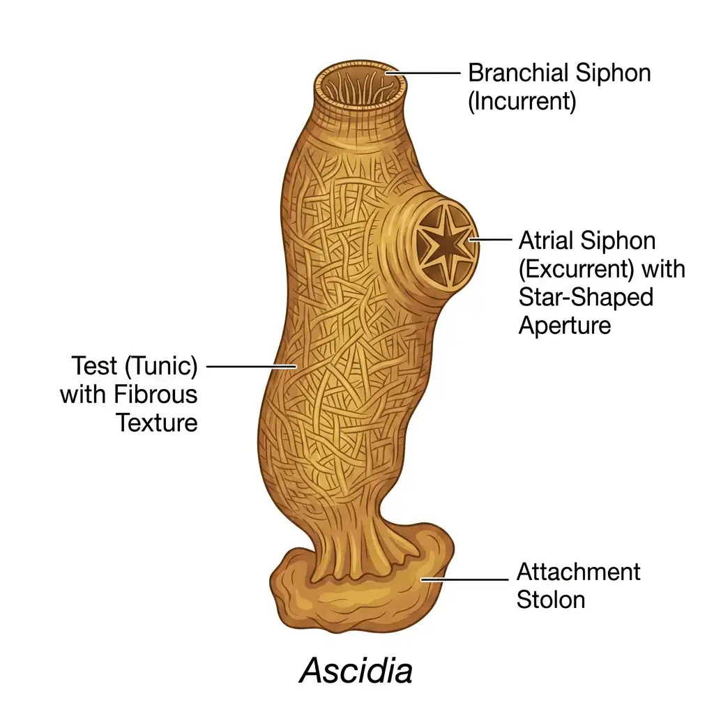Microscopic labeled structure diagram of the Urochordate, Ascidia, with siphons.