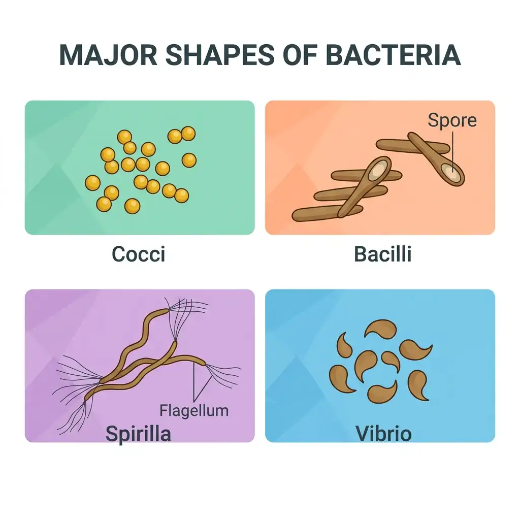 Vector illustration comparing spherical cocci, rod-shaped bacilli with spores, spiral spirilla, and comma-shaped vibrio bacteria.
