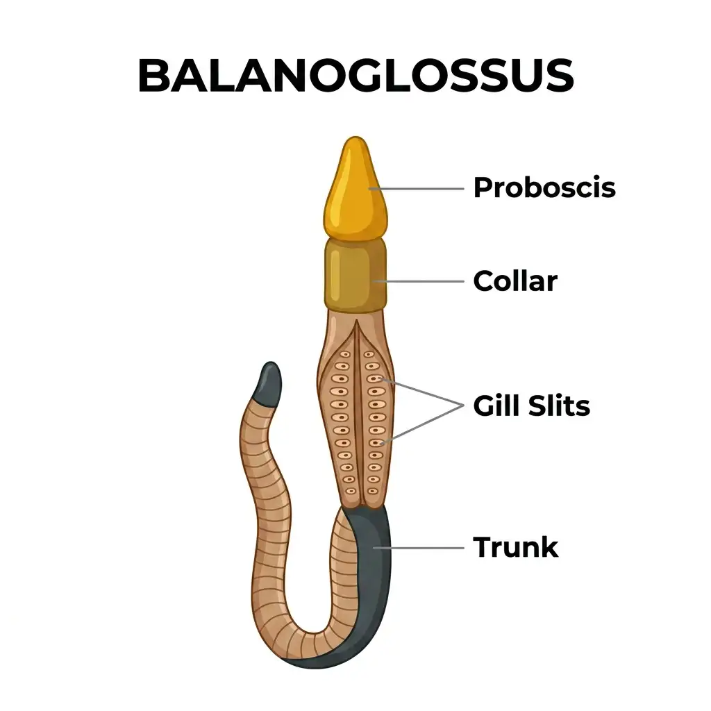 Highly detailed labeled anatomical diagram of the Hemichordate, Balanoglossus.