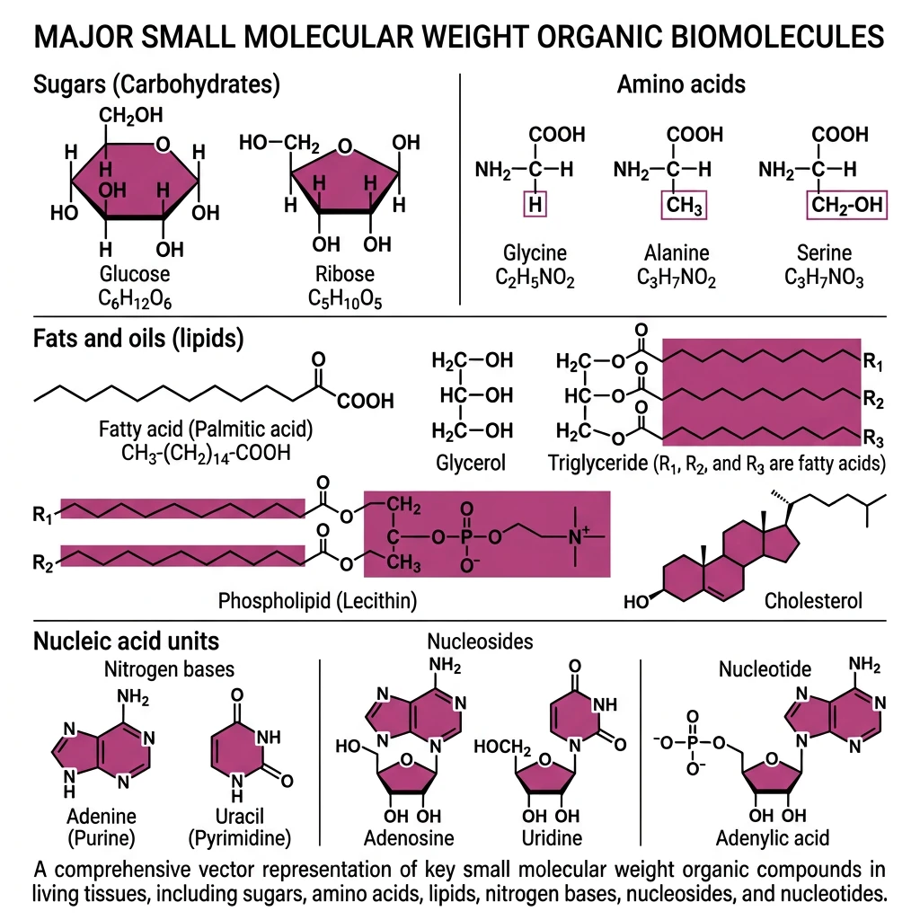 Diagram showing chemical structures of glucose, ribose, amino acids, lipids, and nucleic acid units in tissues.