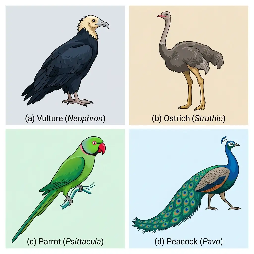 Detailed diagram of Class Aves comparing vulture Neophron, ostrich Struthio, parrot Psittacula, and peacock Pavo.