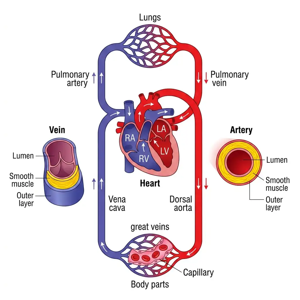 Schematic double circulation diagram in humans, showing lungs, body parts, heart chambers, and cross-sections of artery and vein.