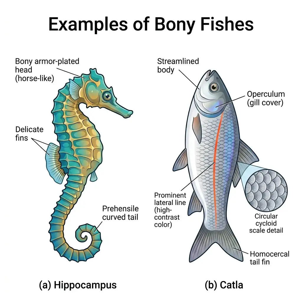 Detailed diagram of Class Osteichthyes comparing Hippocampus seahorse and Catla freshwater fish.