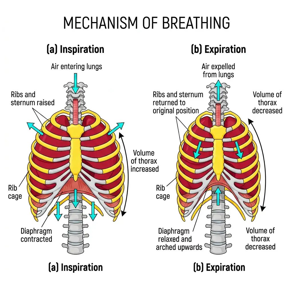 Two-panel vector diagram showing the mechanical phases of breathing: inspiration and expiration in the thorax cavity.