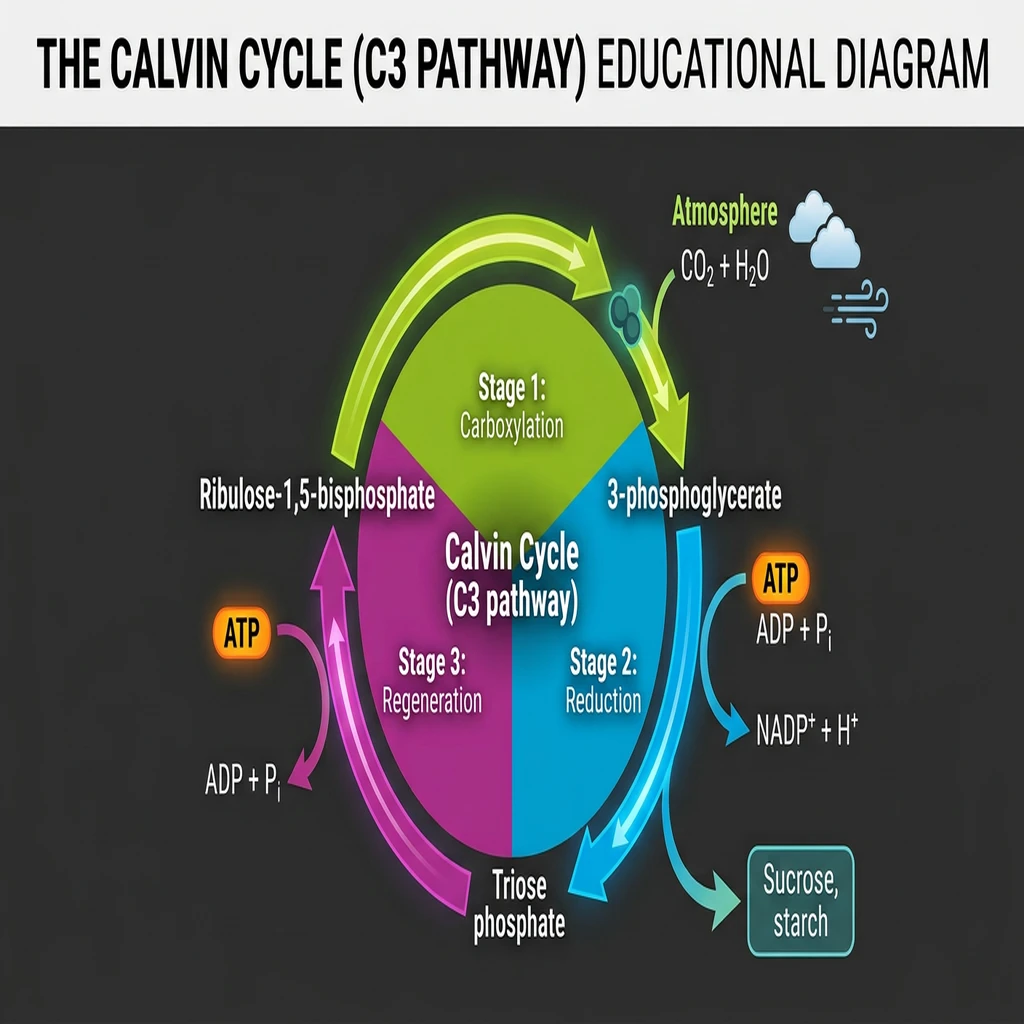 Circular biochemical pathway diagram displaying the three stages of the Calvin Cycle: carboxylation, reduction, and regeneration.