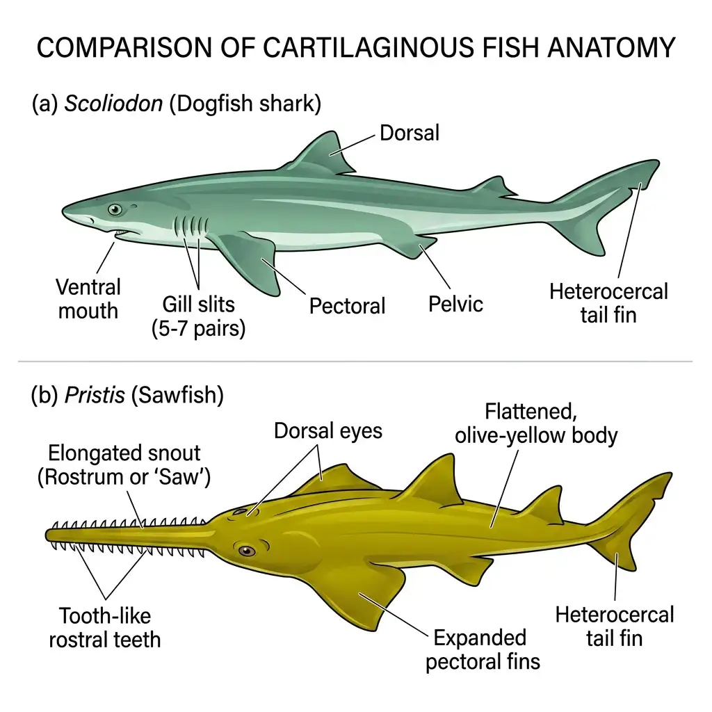 Detailed diagram of Class Chondrichthyes comparing Scoliodon dogfish and Pristis sawfish.