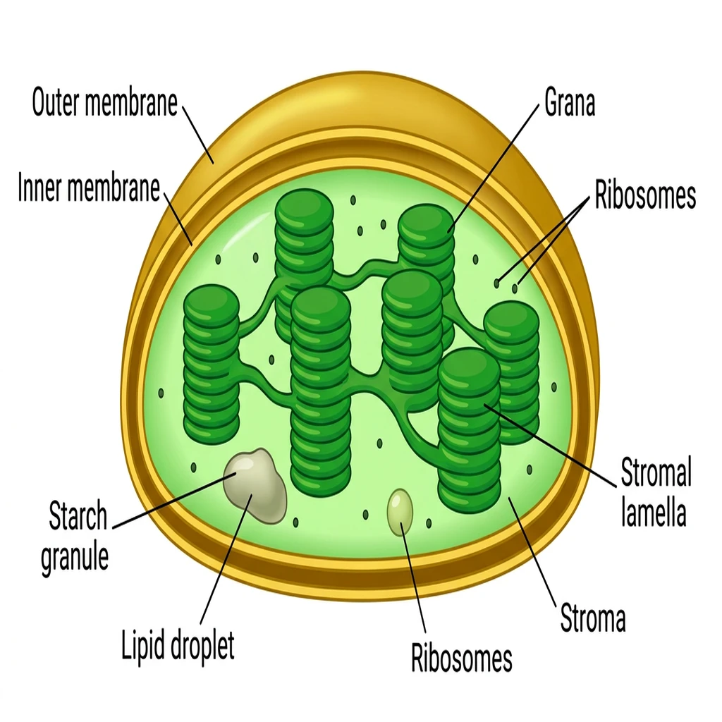 Detailed labeled cross-section diagram of a plant cell chloroplast showing grana, stroma, and lamellae.