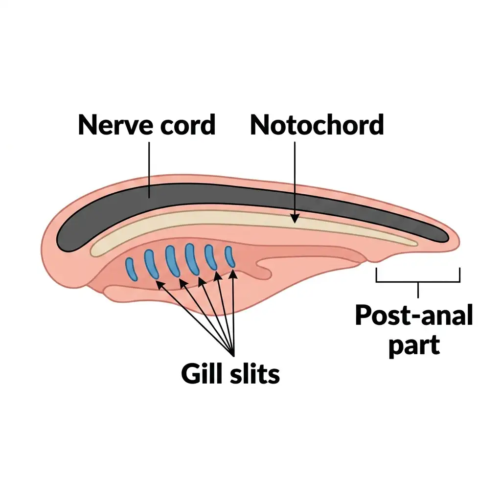 Vector diagram representing core Chordata features: Nerve cord, Notochord, pharyngeal Gill slits, and Post-anal part.