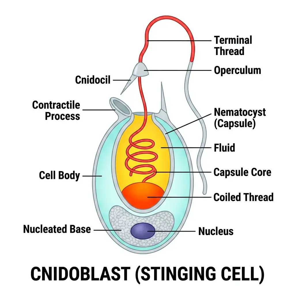 Detailed anatomical diagram of a Cnidoblast stinging cell showing nematocyst capsule, cnidocil trigger, and coiled thread.