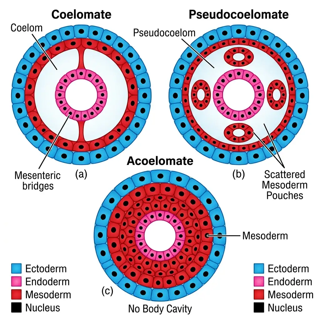 Diagrammatic cross-section of animal body cavities: (a) Coelomate with true coelom, (b) Pseudocoelomate, (c) Acoelomate.