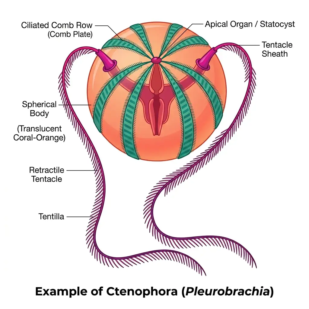 Detailed biological vector diagram of Ctenophora representative, Pleurobrachia, showing ciliated comb rows.