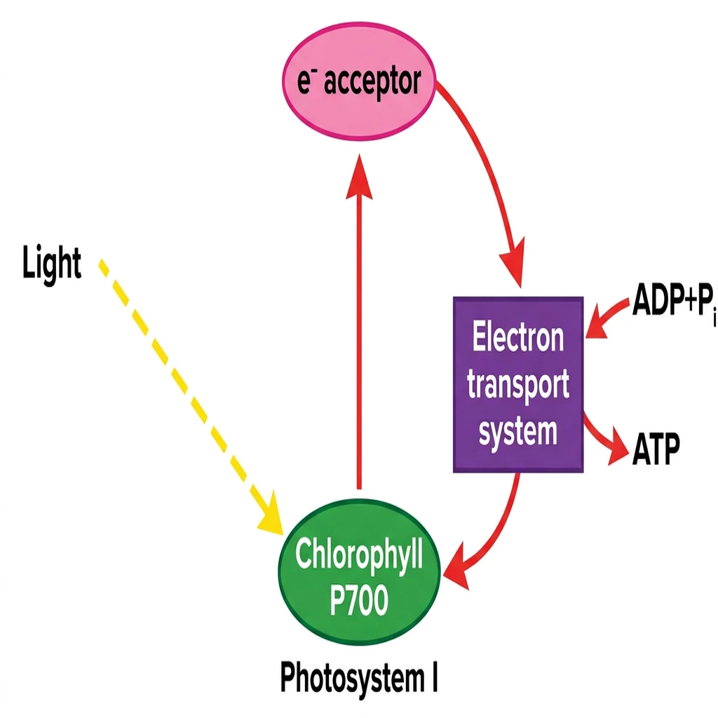 Symmetrical vector diagram displaying the cyclic photophosphorylation loop in Photosystem I.