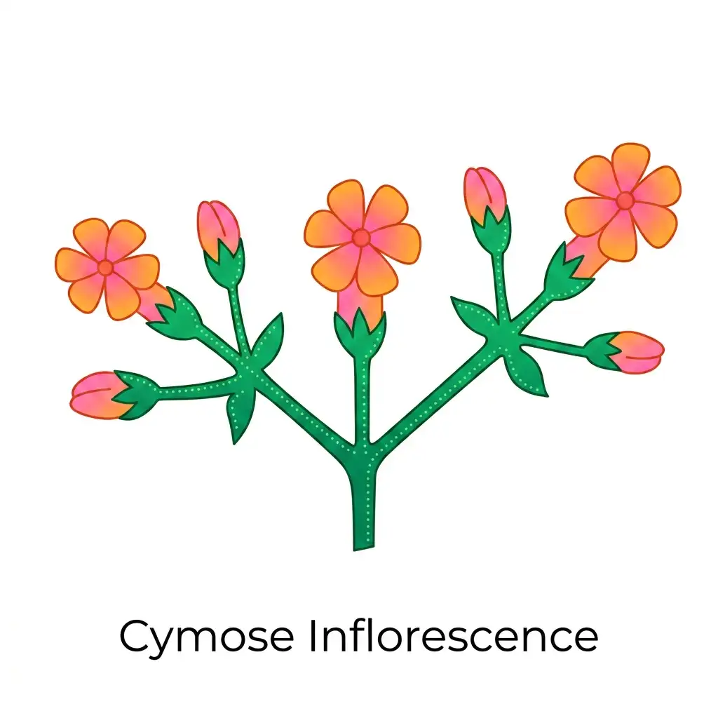 Vector diagram of a cymose inflorescence showing basipetal flower development on green stems on a white background.
