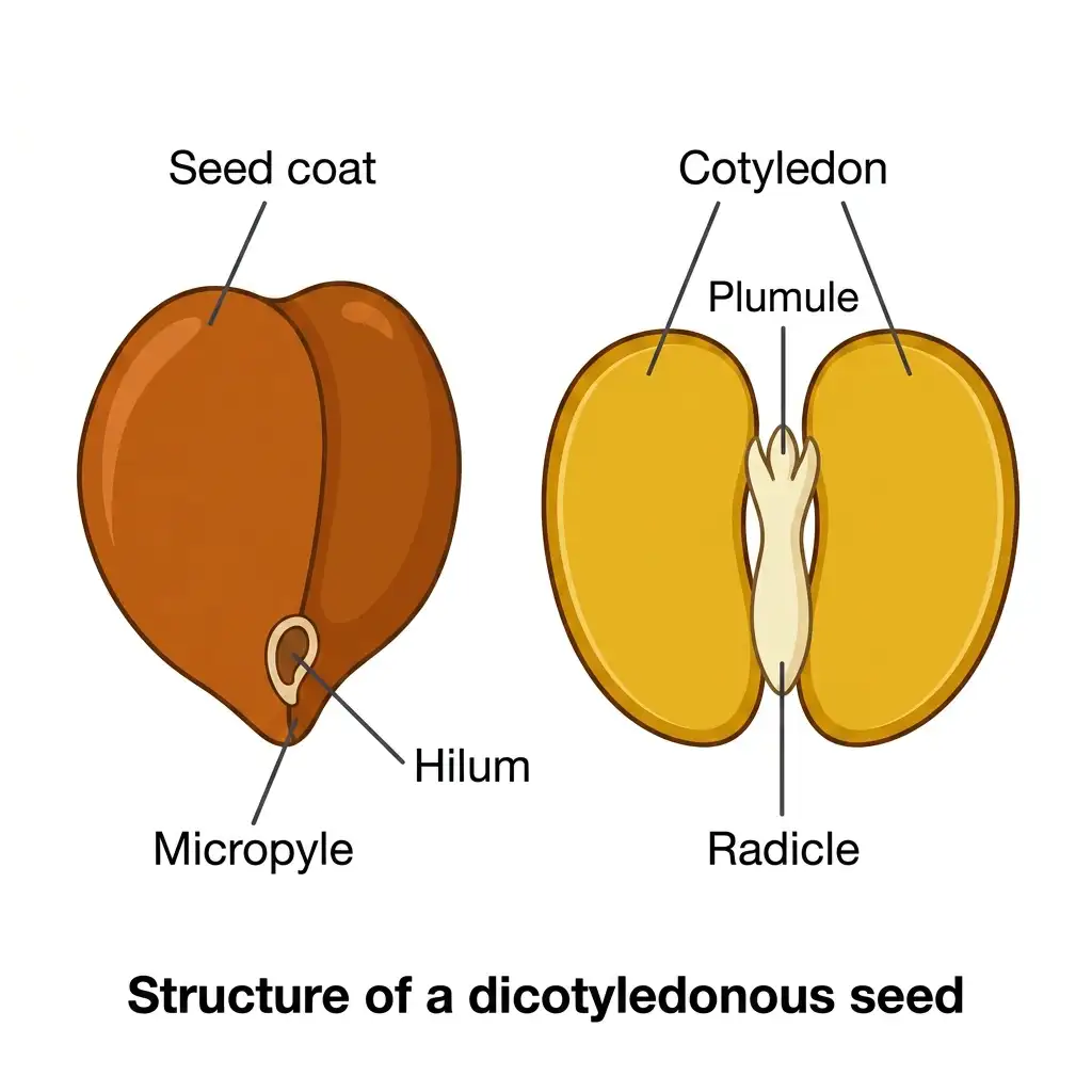 Labeled educational vector diagram displaying outer structure (seed coat, hilum, micropyle) and inner anatomy of a dicot seed.