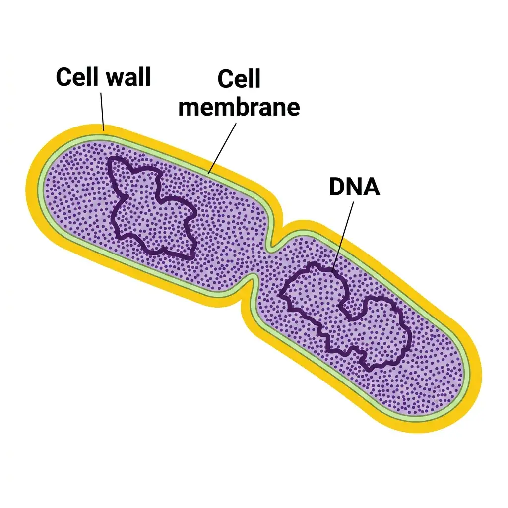 Educational diagram of a dividing bacterium during binary fission, highlighting cell wall, cell membrane, and loops of DNA.