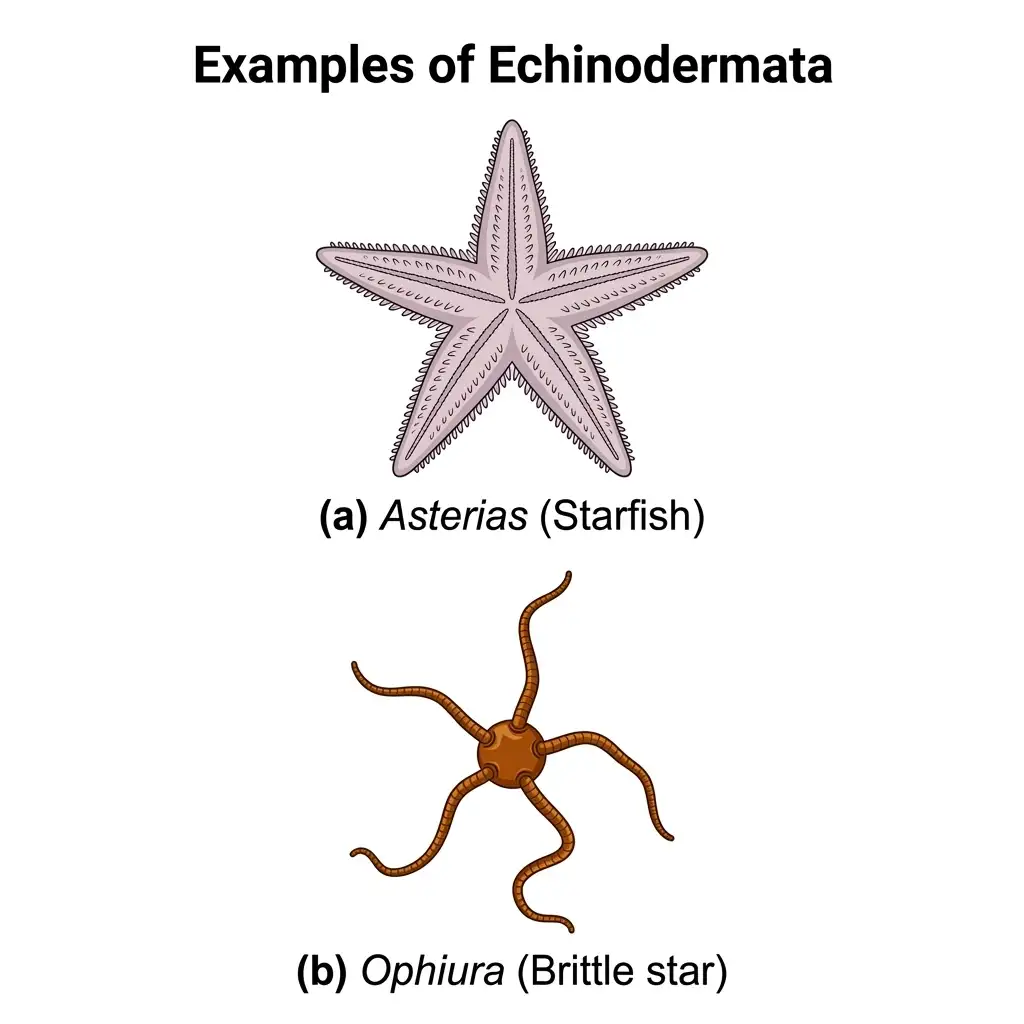Vector diagram of Echinodermata: (a) Asterias (starfish) with 5 arms, (b) Ophiura (brittle star) with thin jointed arms.