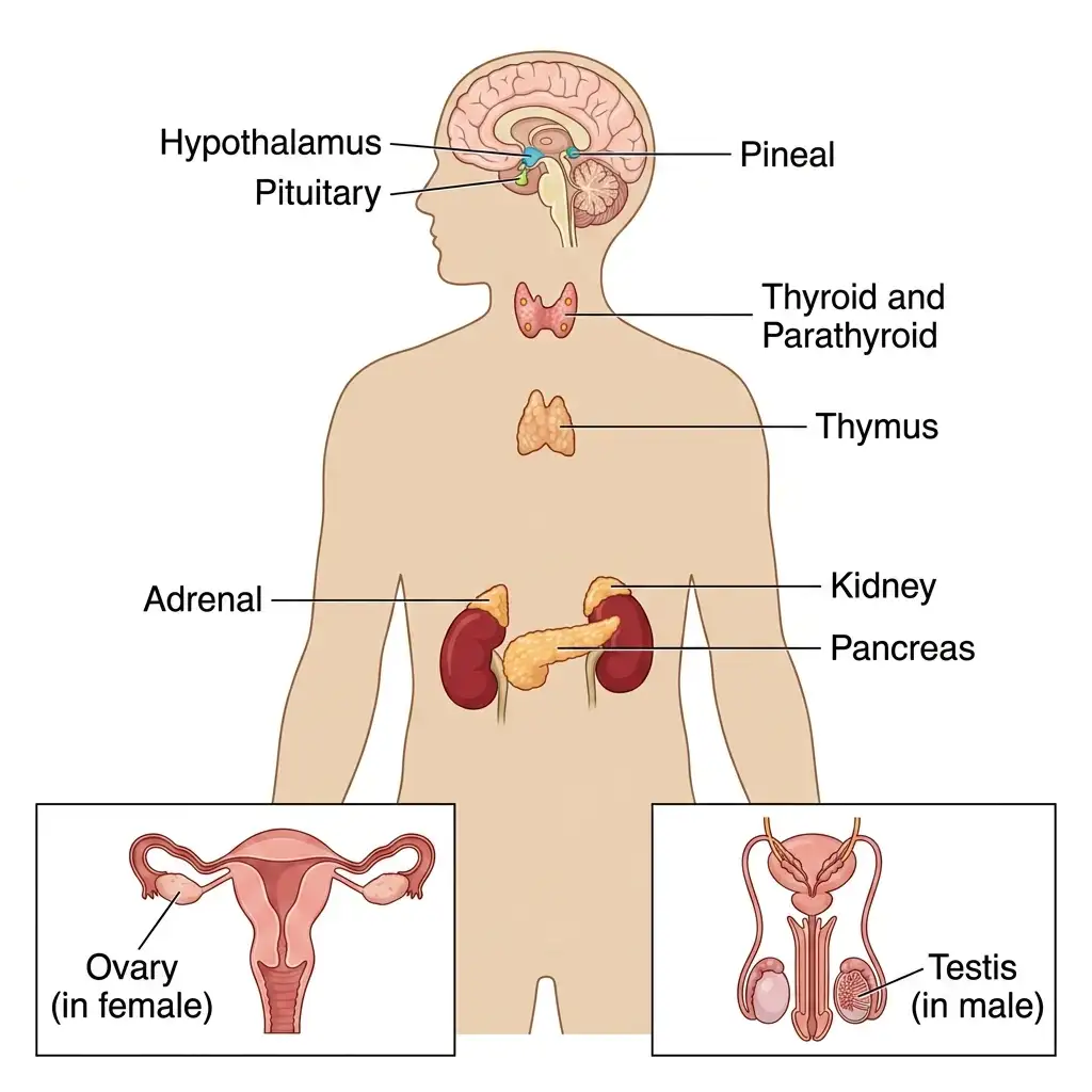 Human body outline displaying the precise anatomical location of pituitary, thyroid, thymus, adrenal, and gonad endocrine glands.