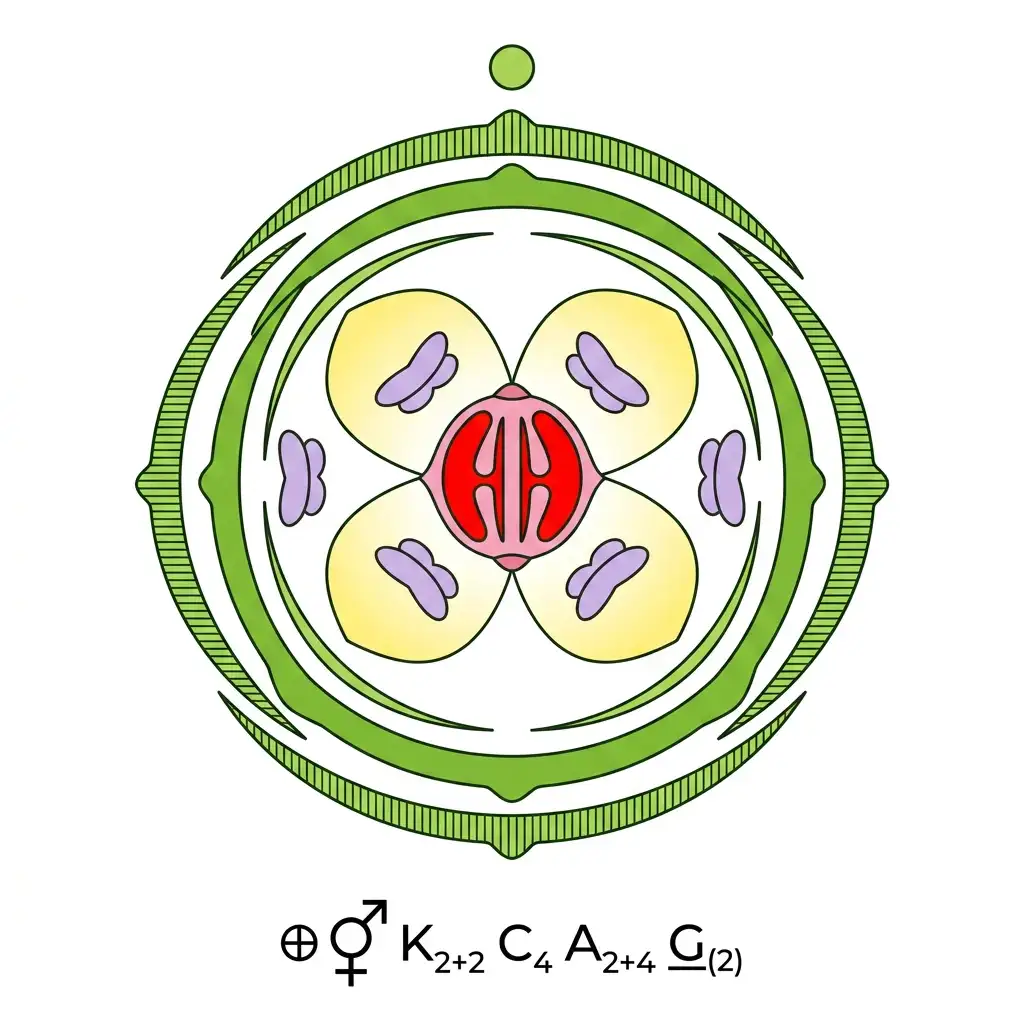 Vector illustration of a standard brassica floral diagram and corresponding floral formula showing floral symmetry and whorls.