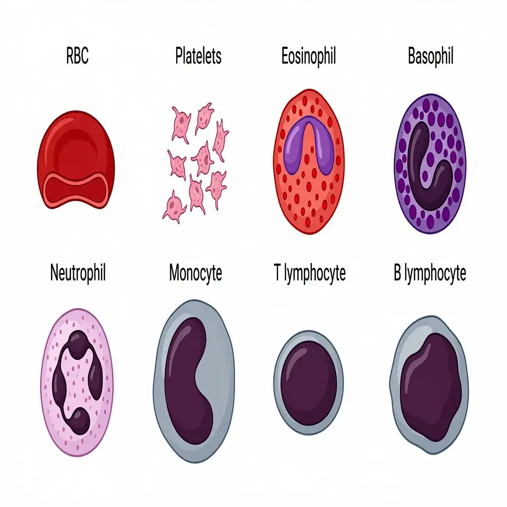 Vibrant educational vector diagram showing formed elements of blood: RBC, platelets, eosinophil, basophil, neutrophil, monocyte, and lymphocytes.