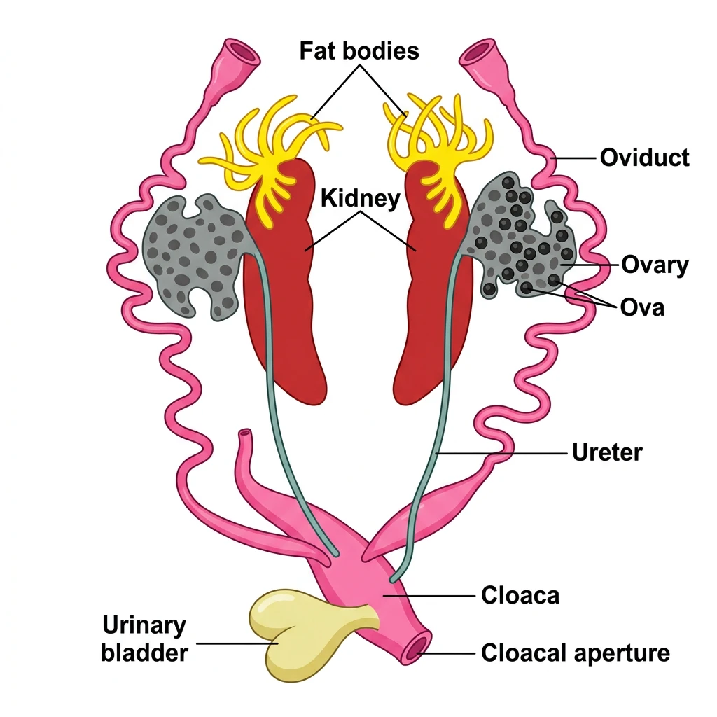 Anatomical labeled diagram of the female reproductive system of a frog, showcasing ovaries, coiled oviducts, and ureters.