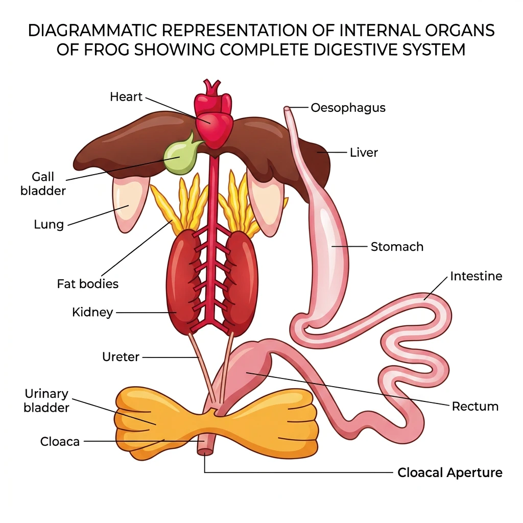 Detailed anatomical diagram of the internal organs and digestive system of a frog, highlighting liver, stomach, and heart.