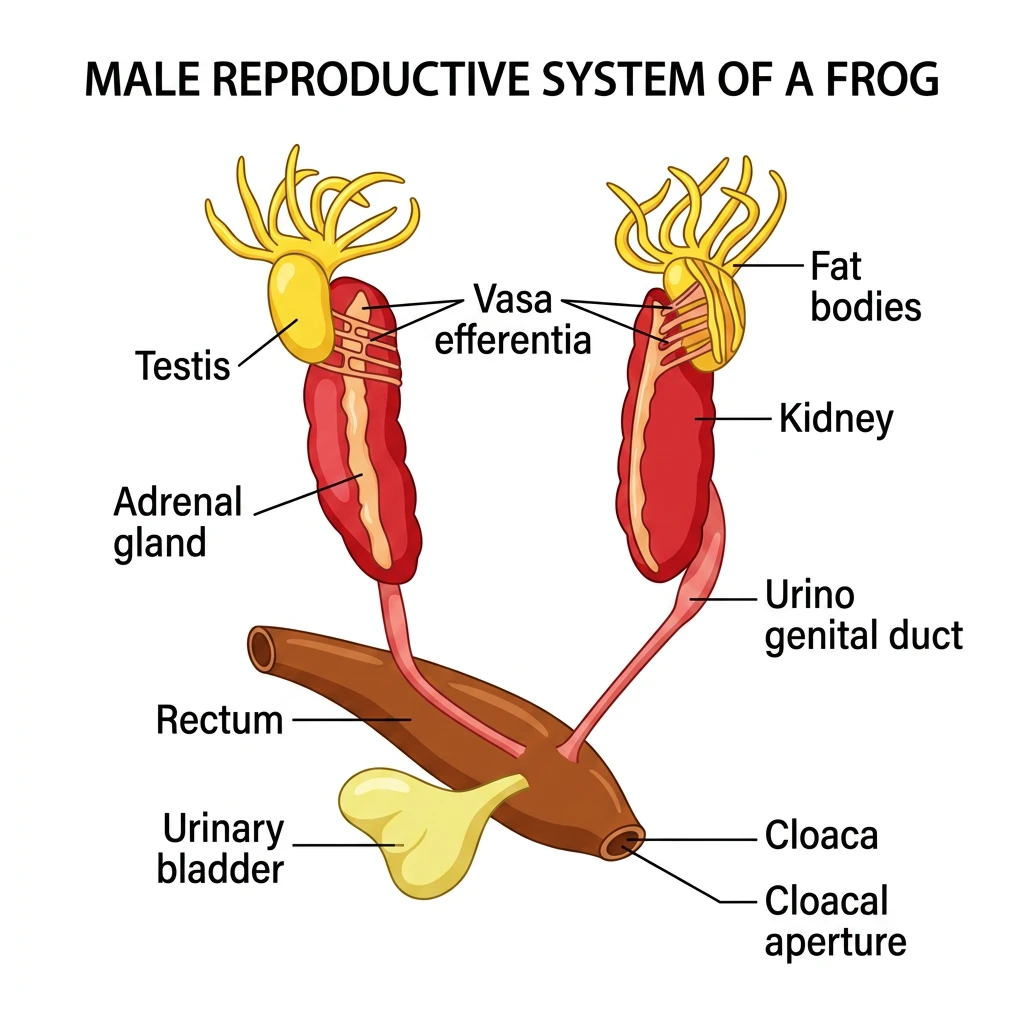 Anatomical labeled diagram of the male reproductive system of a frog, displaying testes, vasa efferentia, and kidneys.