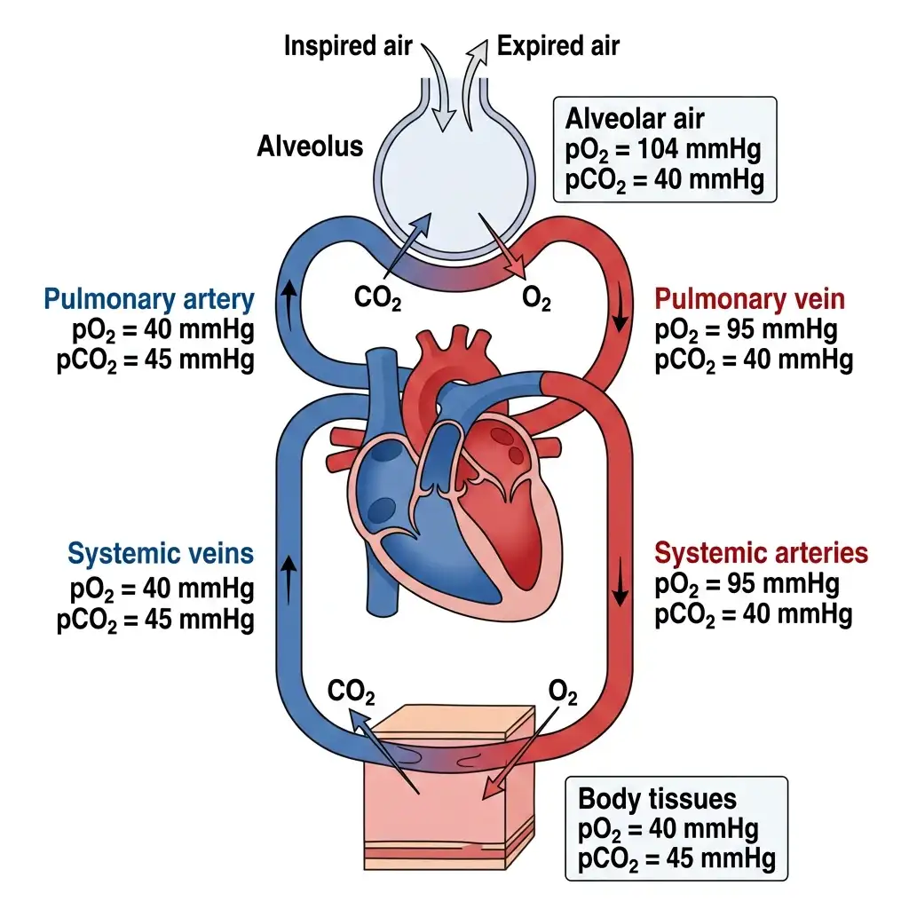 Symmetrical diagram showing partial pressure values of O2 and CO2 during gas exchange at the alveolus and body tissues.