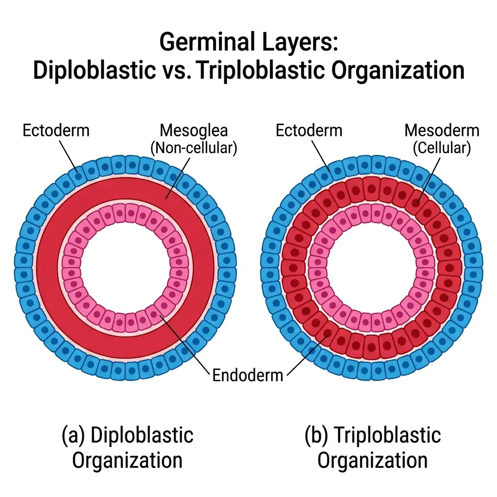 Anatomy cross-section showing germinal layers: (a) Diploblastic (Ectoderm, Endoderm, Mesoglea) and (b) Triploblastic (Ectoderm, Endoderm, Mesoderm).