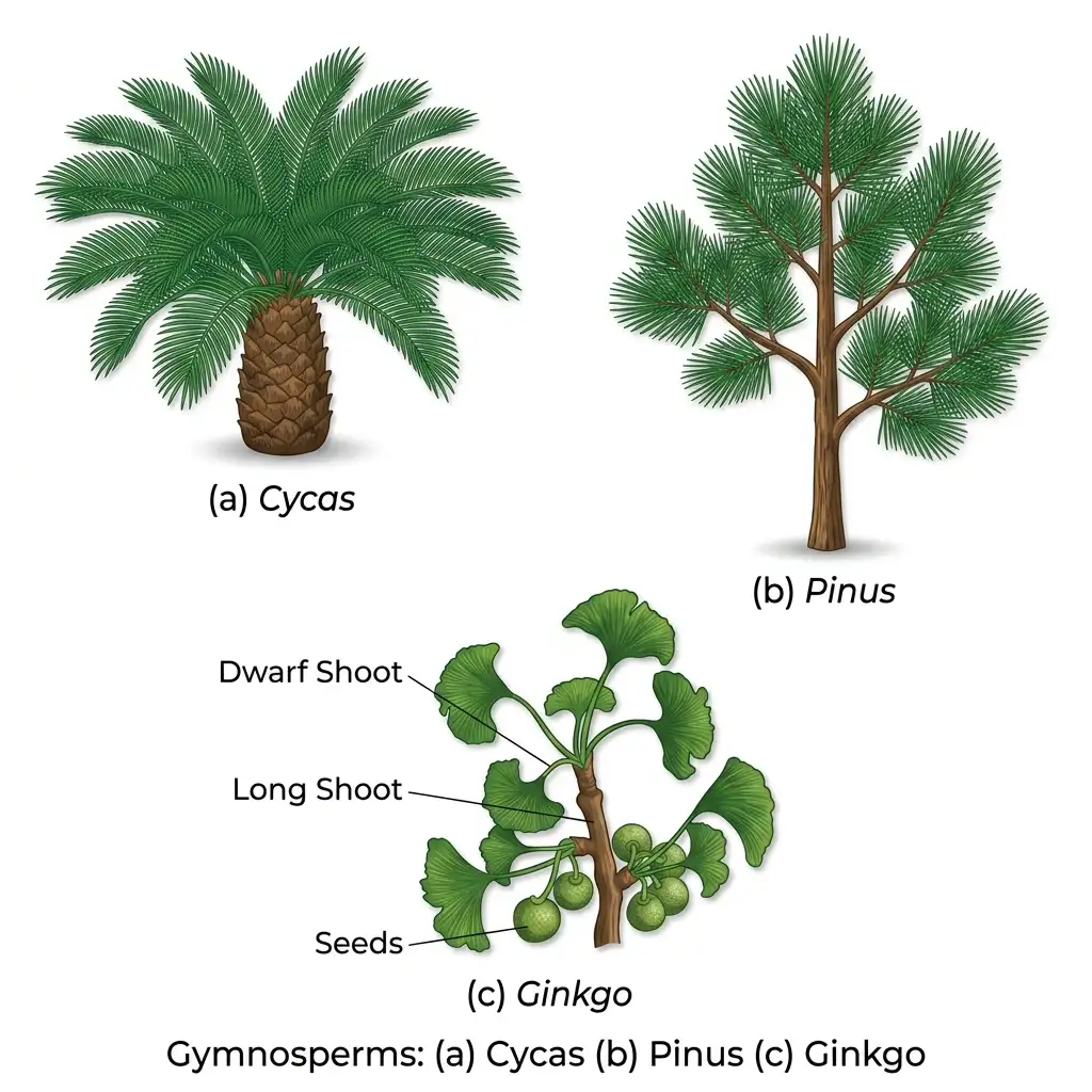 Detailed botanical diagram comparing Cycas, Pinus, and Ginkgo showing leaf and seed structures.