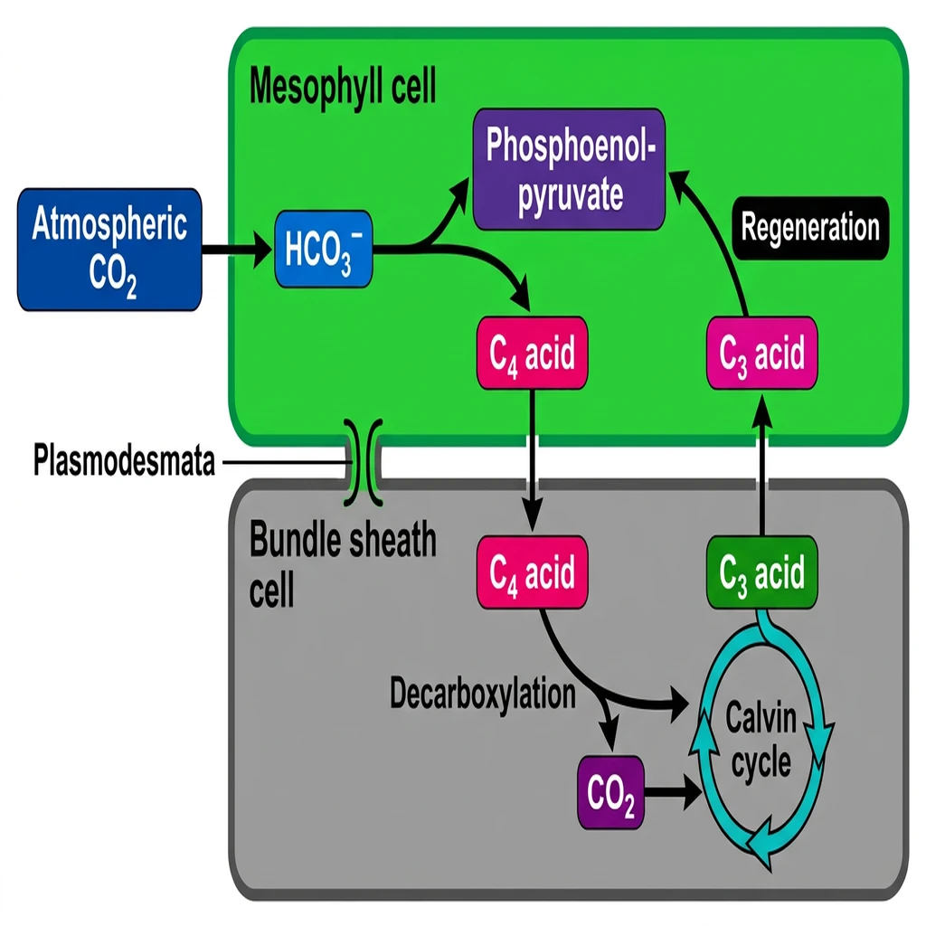 Schematic cellular diagram showing the C4 Hatch-Slack pathway across mesophyll and bundle sheath cells.