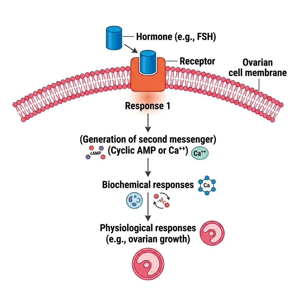 Diagram showing the mechanism of a membrane-bound protein hormone triggering cAMP or calcium second messengers.