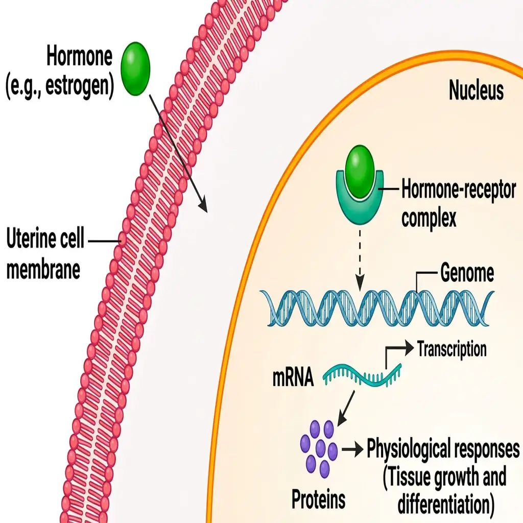 Diagram showing intracellular steroid hormone mechanism, entering the nucleus to bind with DNA and trigger translation.