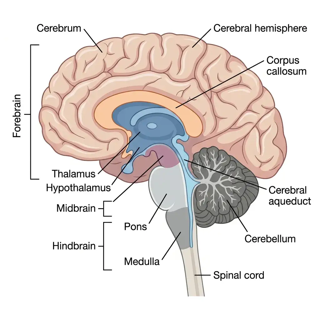 Sagittal section diagram of the human brain highlighting forebrain, midbrain, hindbrain, and spinal cord.