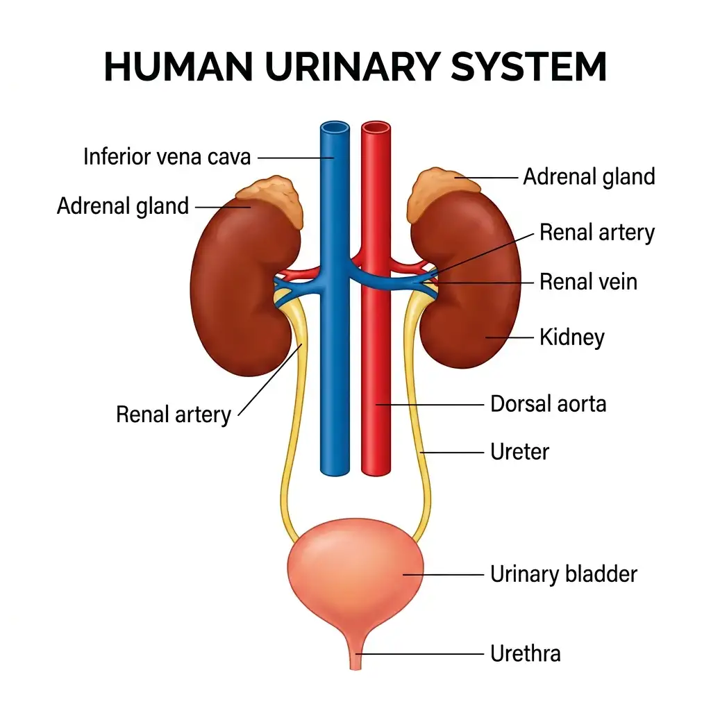 Detailed biological diagram of the human urinary system showing kidneys, adrenal glands, renal vessels, ureters, urinary bladder, and urethra.
