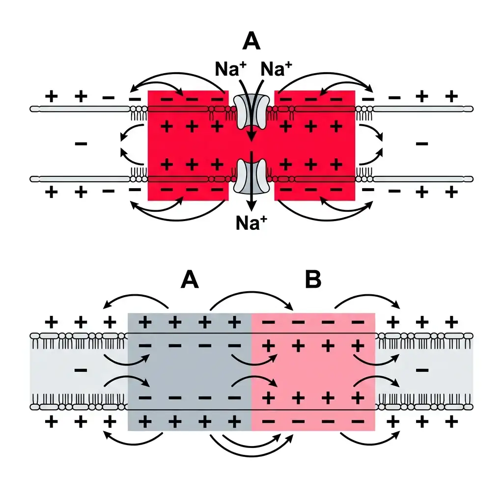 Two-panel physiological diagram illustrating action potential propagation and impulse conduction through an axon.