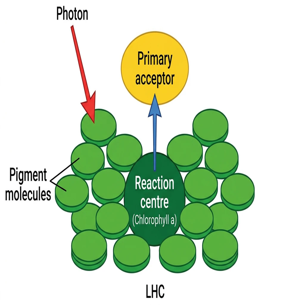 Vector diagram illustrating the light harvesting complex with antenna pigment molecules and a central reaction center.
