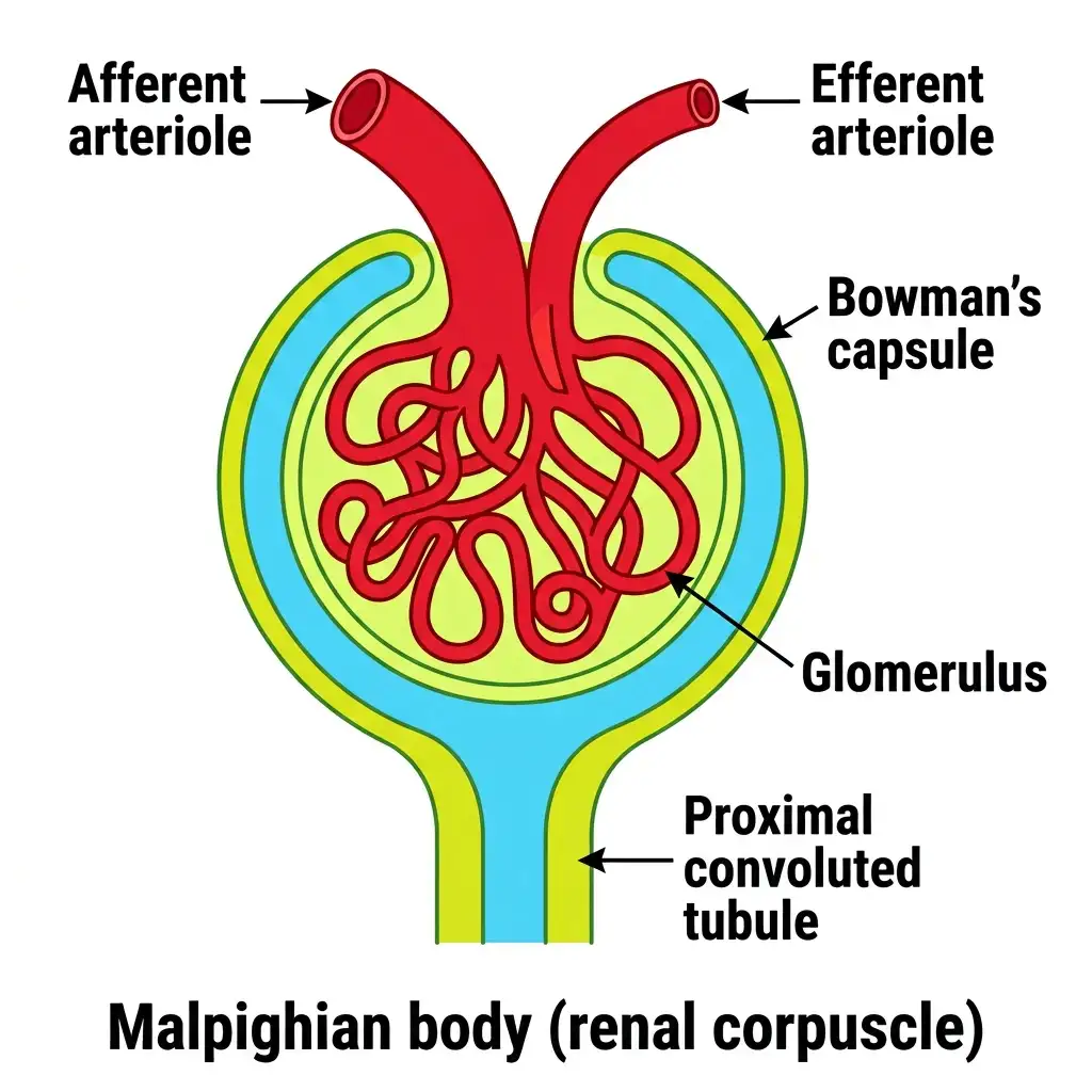 Microscopic structure of a renal corpuscle showing the afferent arteriole, glomerulus capillary network, and Bowman's capsule.