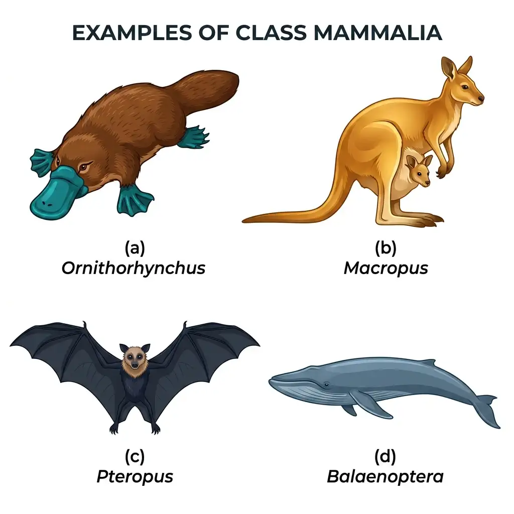 Detailed diagram of Class Mammalia comparing platypus, kangaroo, flying fox bat, and blue whale.