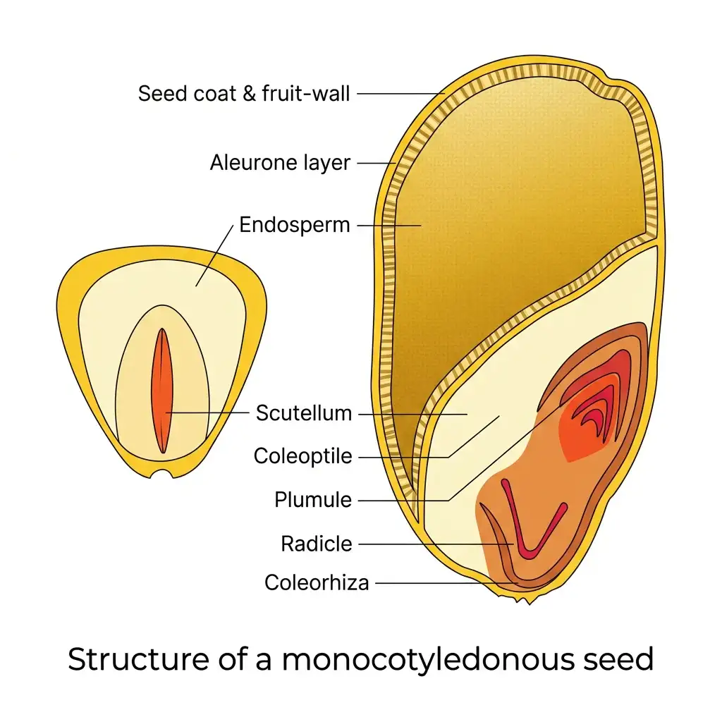 Highly detailed labeled vector cross-section diagram of a monocotyledonous maize seed.
