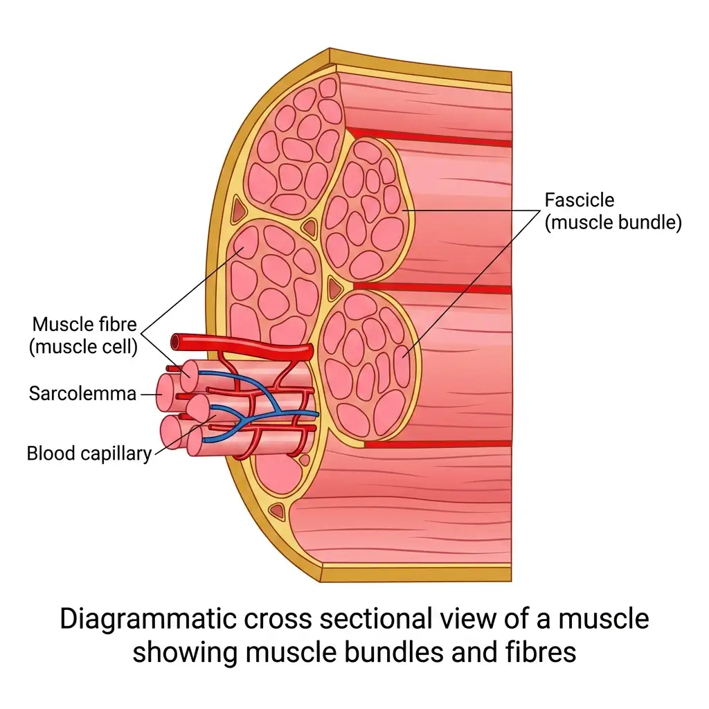 Detailed cross-section diagram of a skeletal muscle displaying fascicles, muscle fibres, sarcolemma, and blood capillaries.
