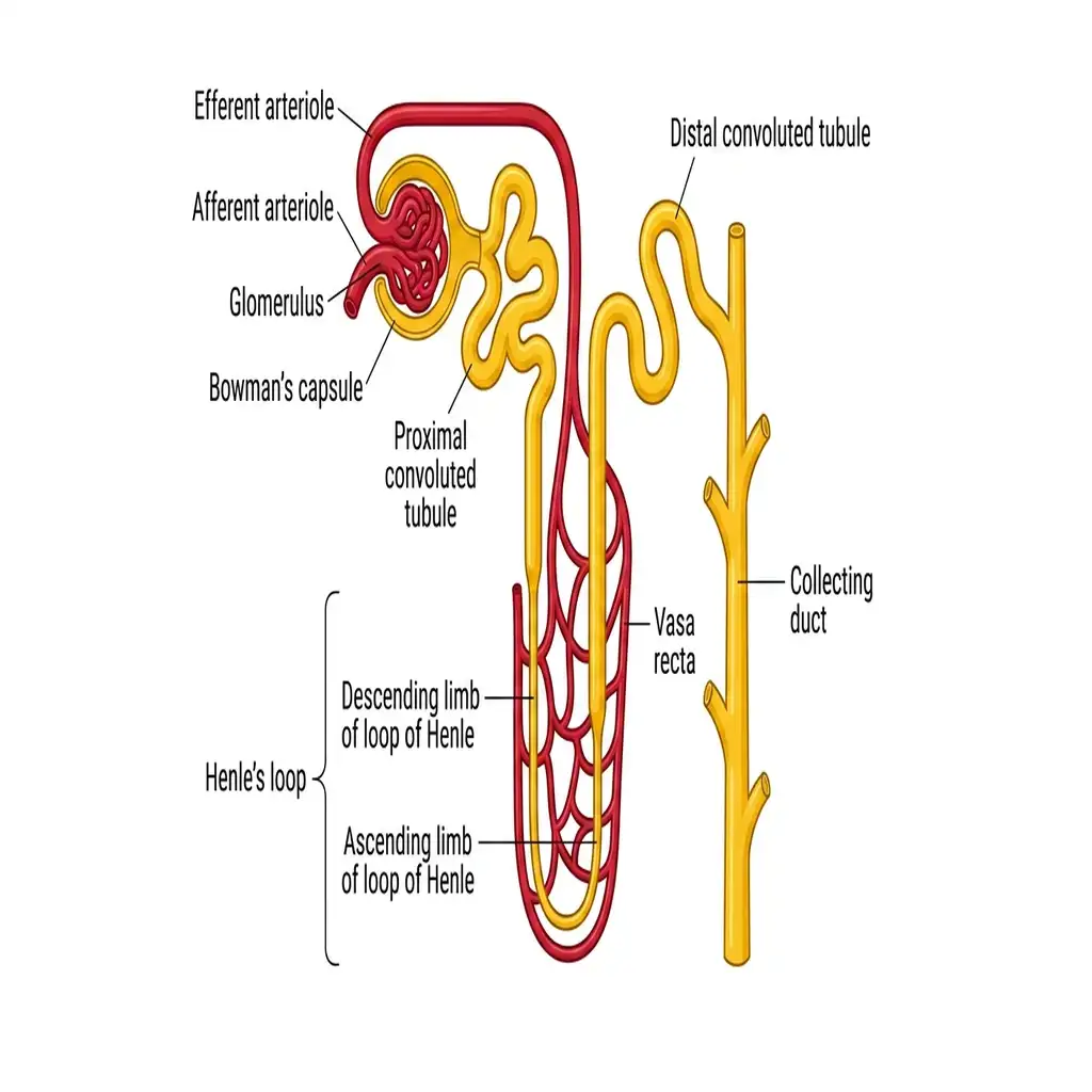 Diagram of a nephron displaying the glomerulus, Bowman's capsule, proximal and distal tubules, Henle's loop, vasa recta, and collecting duct.