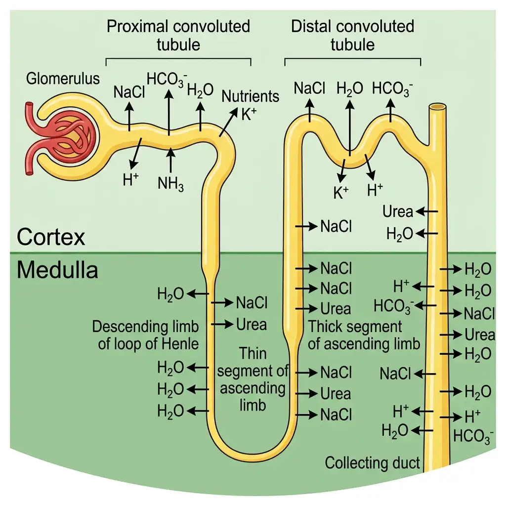 Physiological diagram displaying the reabsorption and secretion of major molecules in different parts of a nephron tubule.