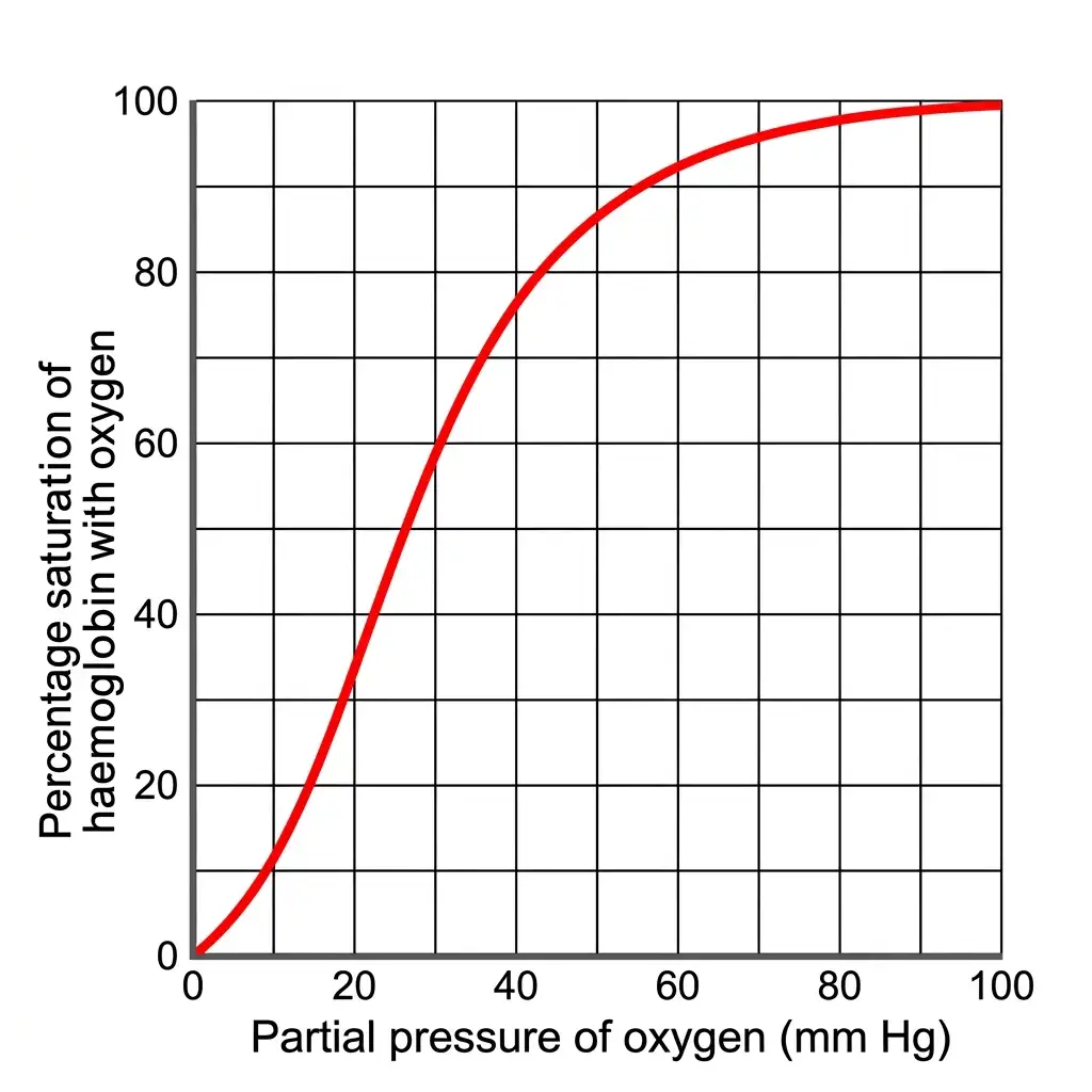 Oxygen dissociation sigmoid curve graph plotting hemoglobin saturation percentage against partial pressure of oxygen.